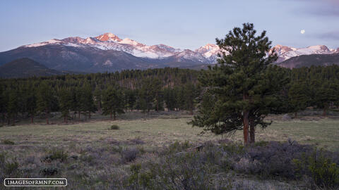 Long Peak and full moon over Beaver Meados, Rocky Mountain National Park.