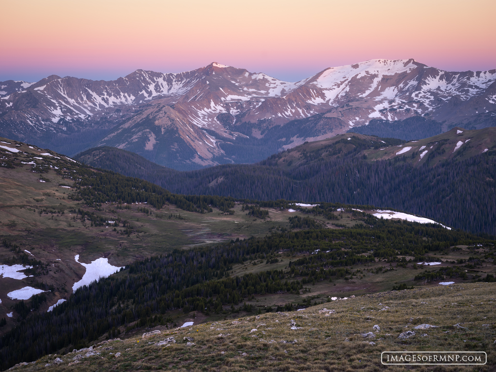 June 18, 2026 The Never Summer Mountains as seen from the Gore Range Overlook, just before sunrise on a beautiful June morning on Trail Ridge...